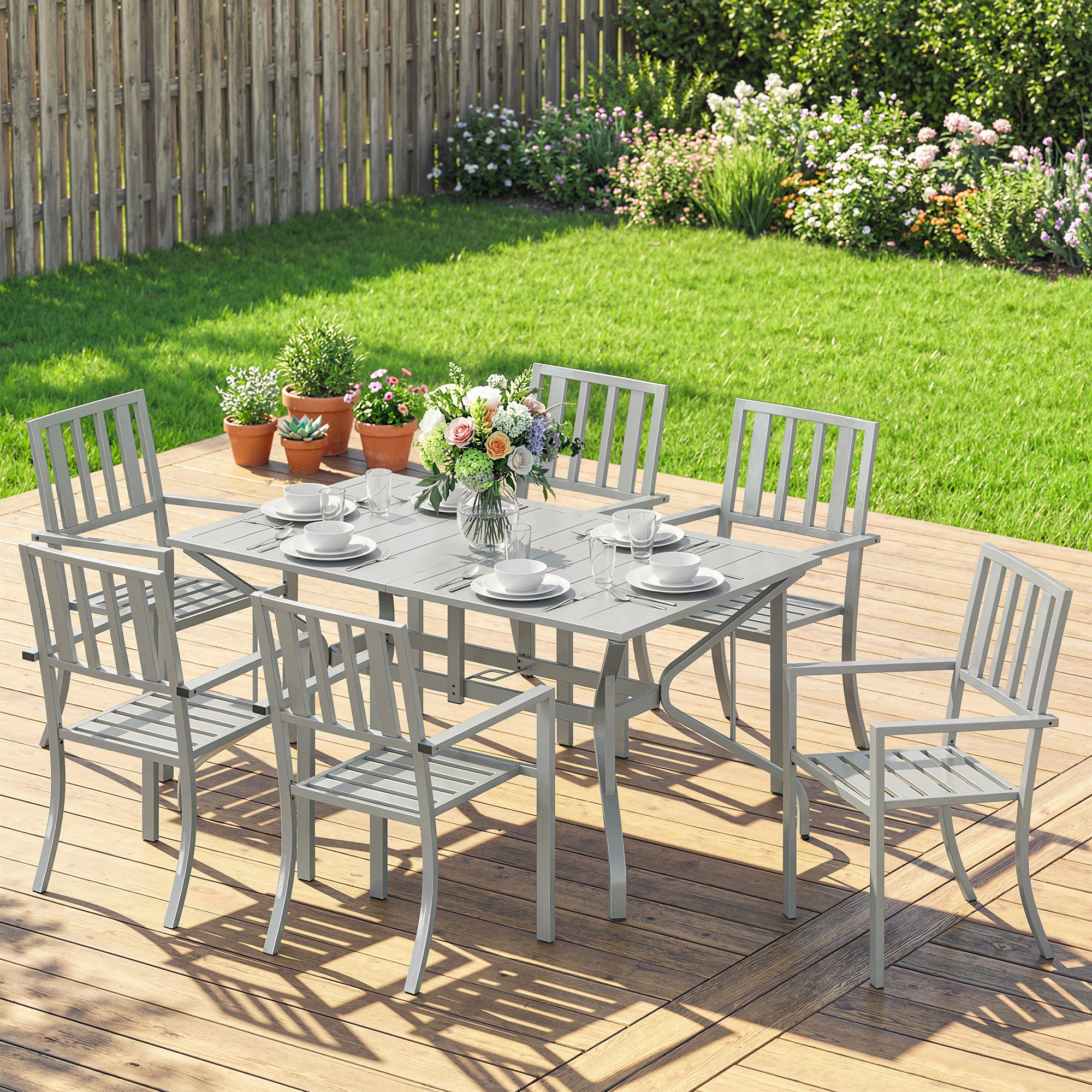 Outsunny 7 Pieces Garden Table and Chairs, 6 Seater Outdoor Table and Chairs with Umbrella Hole, for Garden, Light Grey 