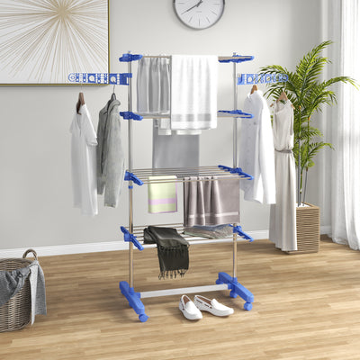 HOMCOM Four-Shelf Collapsing Clothes Horse, With Side Arms and Wheels - Blue 
