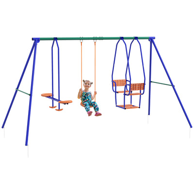 Outsunny Three-In-One Kids Metal Swing Set with Swing, Glider, Rocking Chair Swing, for Ages 3+ years - Orange and Blue 