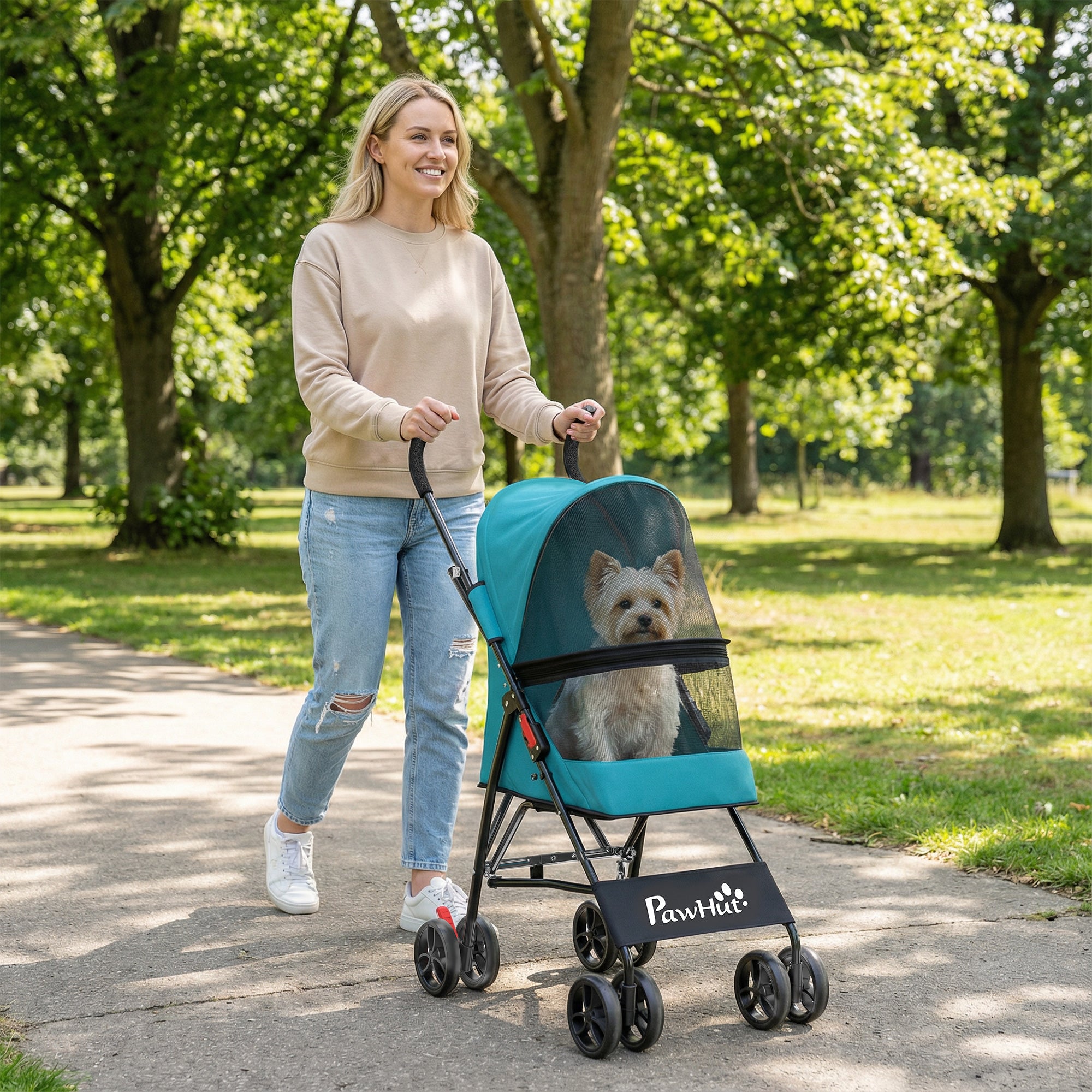 PawHut Dog Stroller, Foldable Cat Dog Pram for Miniature Breeds, Pet Stroller with Brake, Mesh Windows, Dark Green 