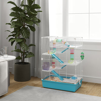 PawHut 6 Tier Hamster Cage, Small Animal Cage with Tubes, Exercise Wheel, Ramps, Hut, Food Dish, Water Bottle, Light Blue 