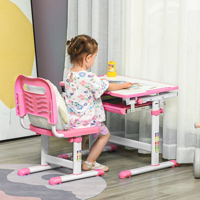 HOMCOM Kids Desk and Chair Set, Student Adjustable Writing Desk, with Drawer, Pen Slot, Hook - Pink 