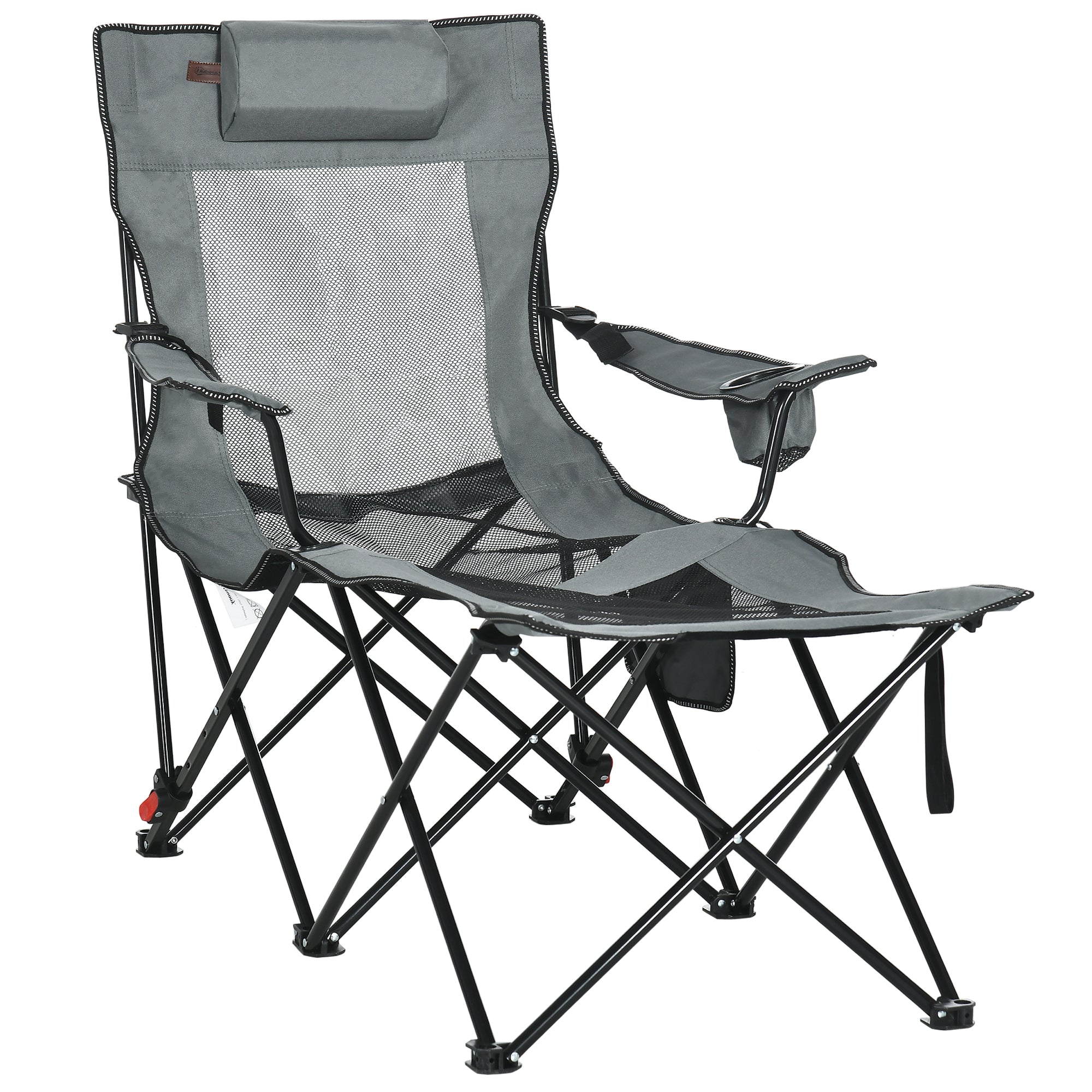 Outsunny Foldable Reclining Garden Chairs with Footrest and Adjustable Backrest, Portable Camping Chair with Headrest, Cup Holder, Side Pocketand Carry Bag for Outdoor, Grey 