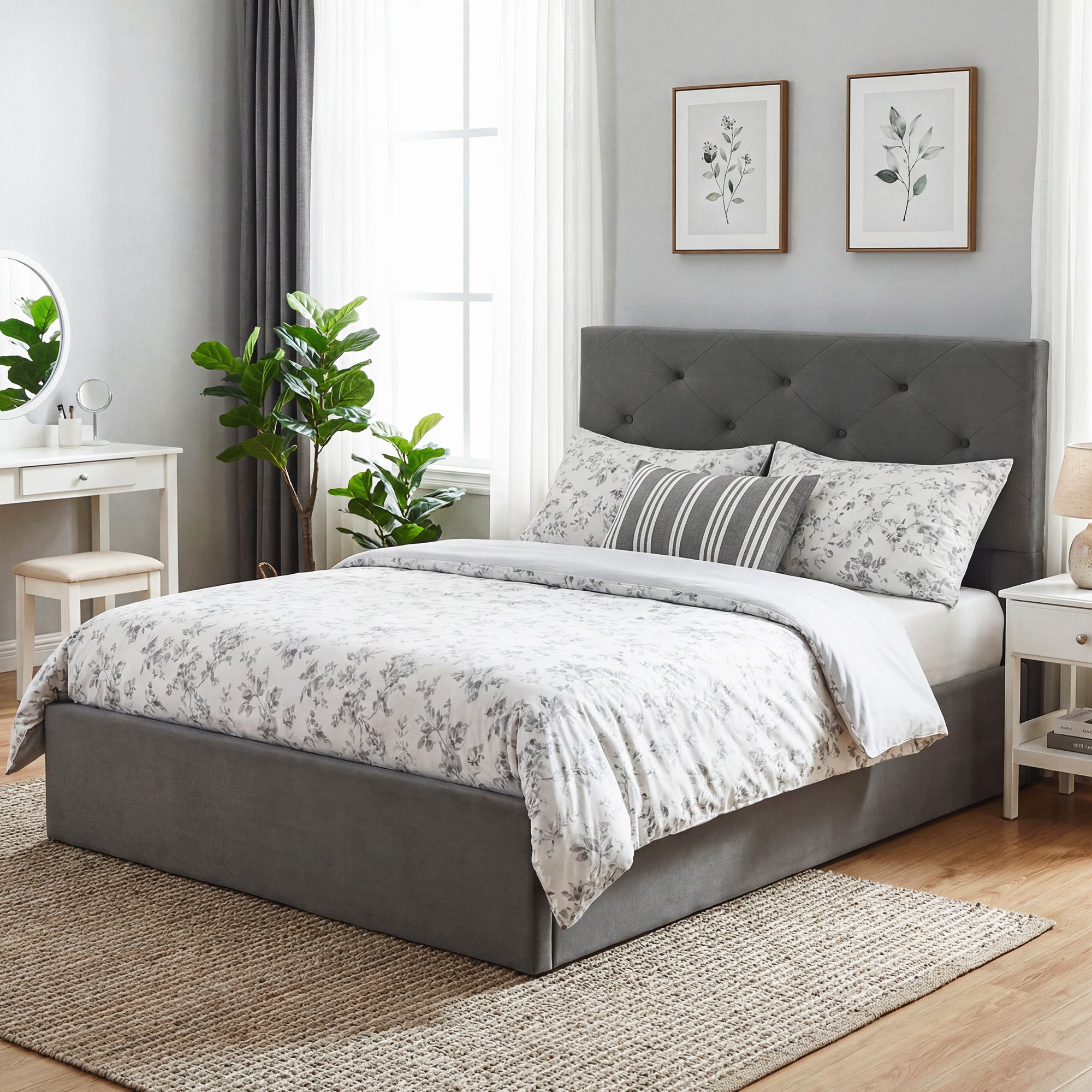 HOMCOM Double Bed Frame Gas Side Lift Under Bed Storage Upholstered Platform Bed Tufted Headboard for 140 x 190 cm Mattress 