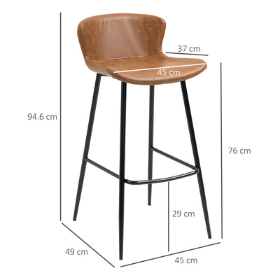 HOMCOM Bar Stools Set of 2, PU Leather Upholstered Bar Chairs, Kitchen Stools with Backs and Steel Legs for Dining Room, Brown 