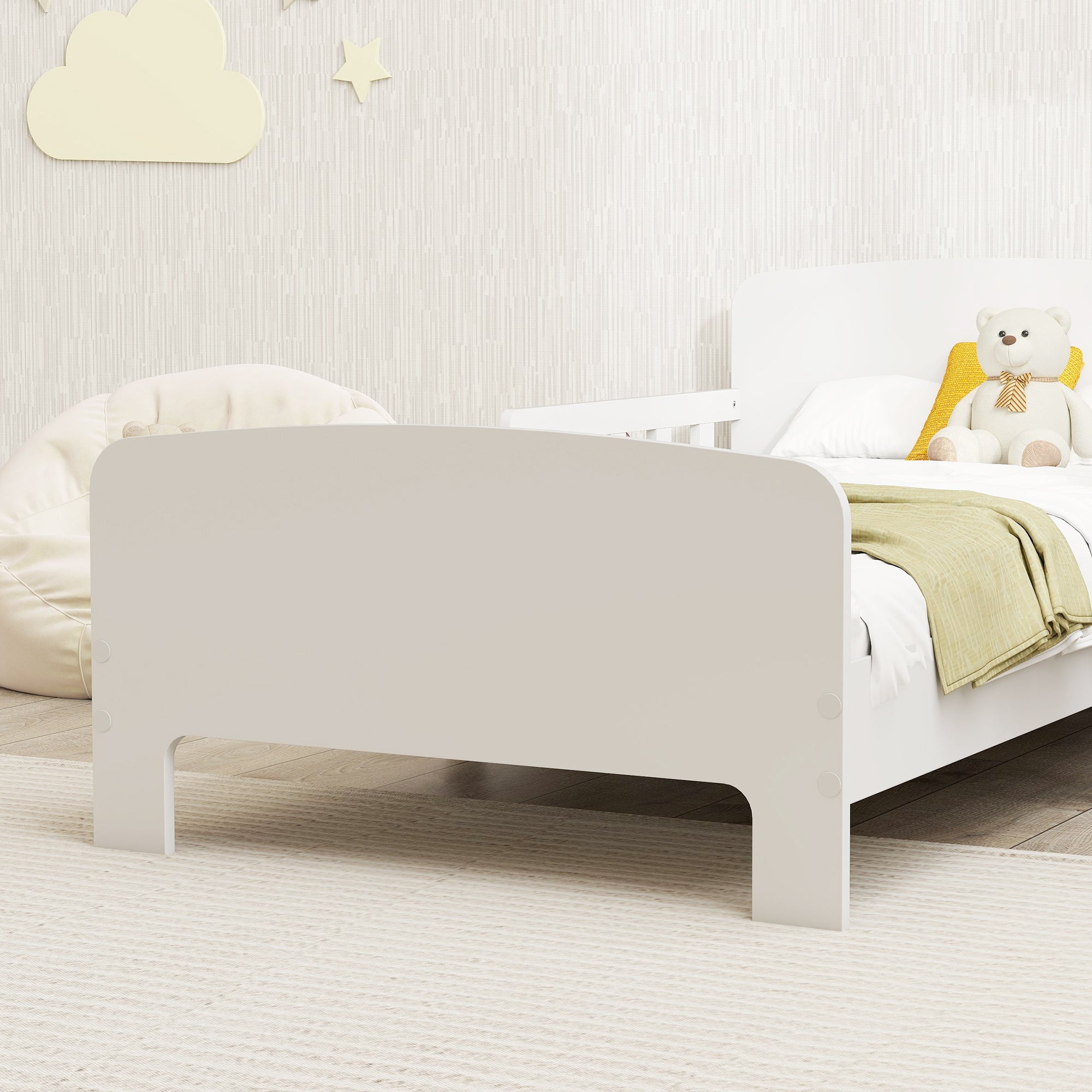 AIYAPLAY Toddler Bed, Kids Bed Frame with Safety Side Rails, Kids Bedroom Furniture for Ages 3-8 Years, White 