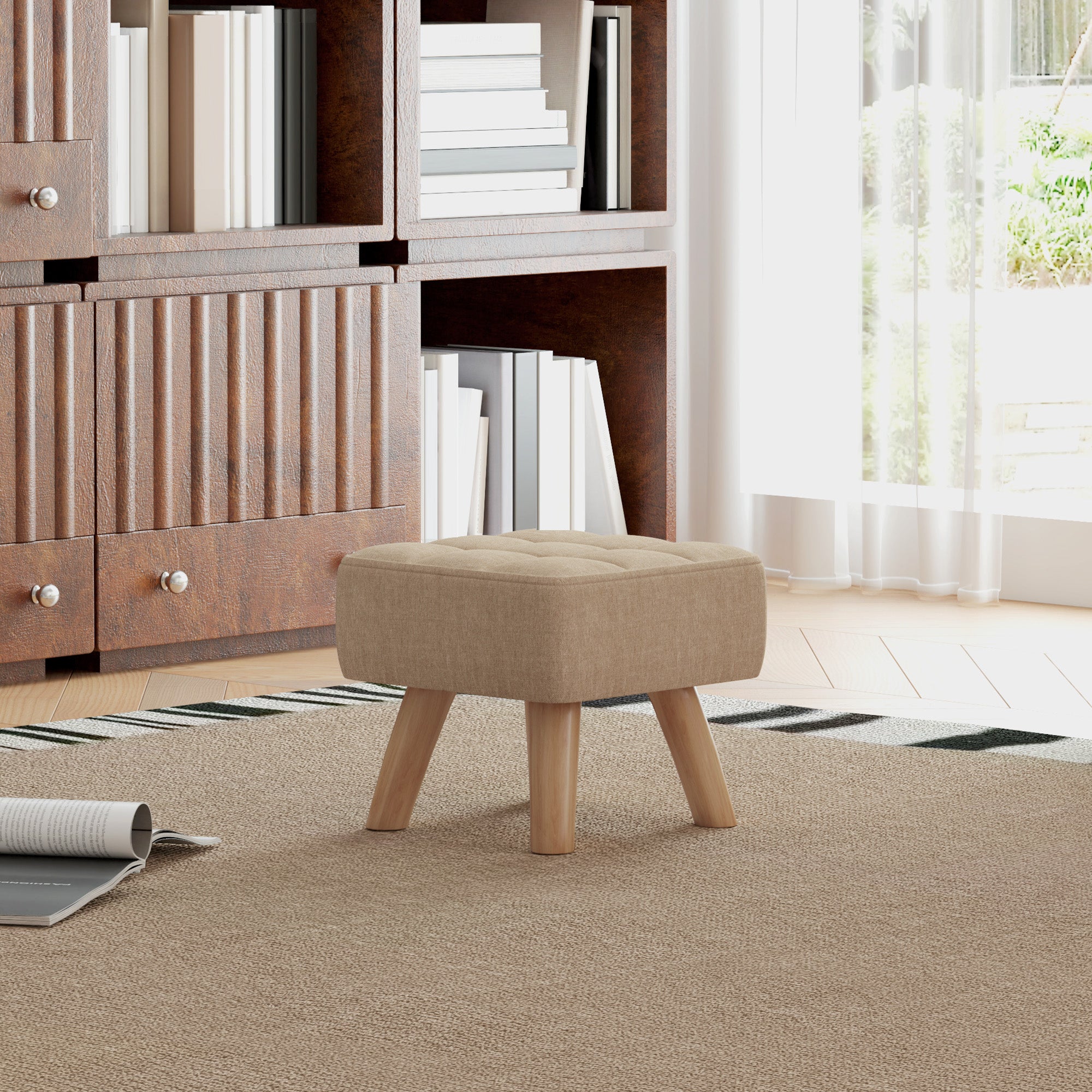 HOMCOM Linen-Look Square Padded Footstool - Brown 