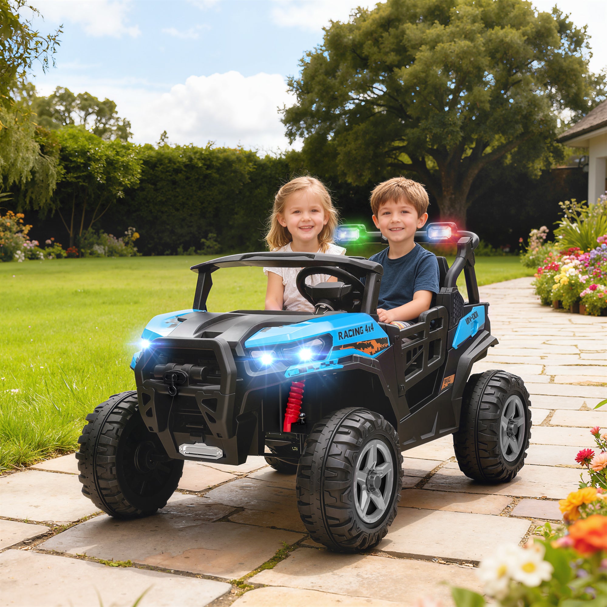 AIYAPLAY 24V Electric Ride on Car, 2-Seater Electric Car for Kids with Remote, Bluetooth, Soft Start, Suspension Spring, Blue 