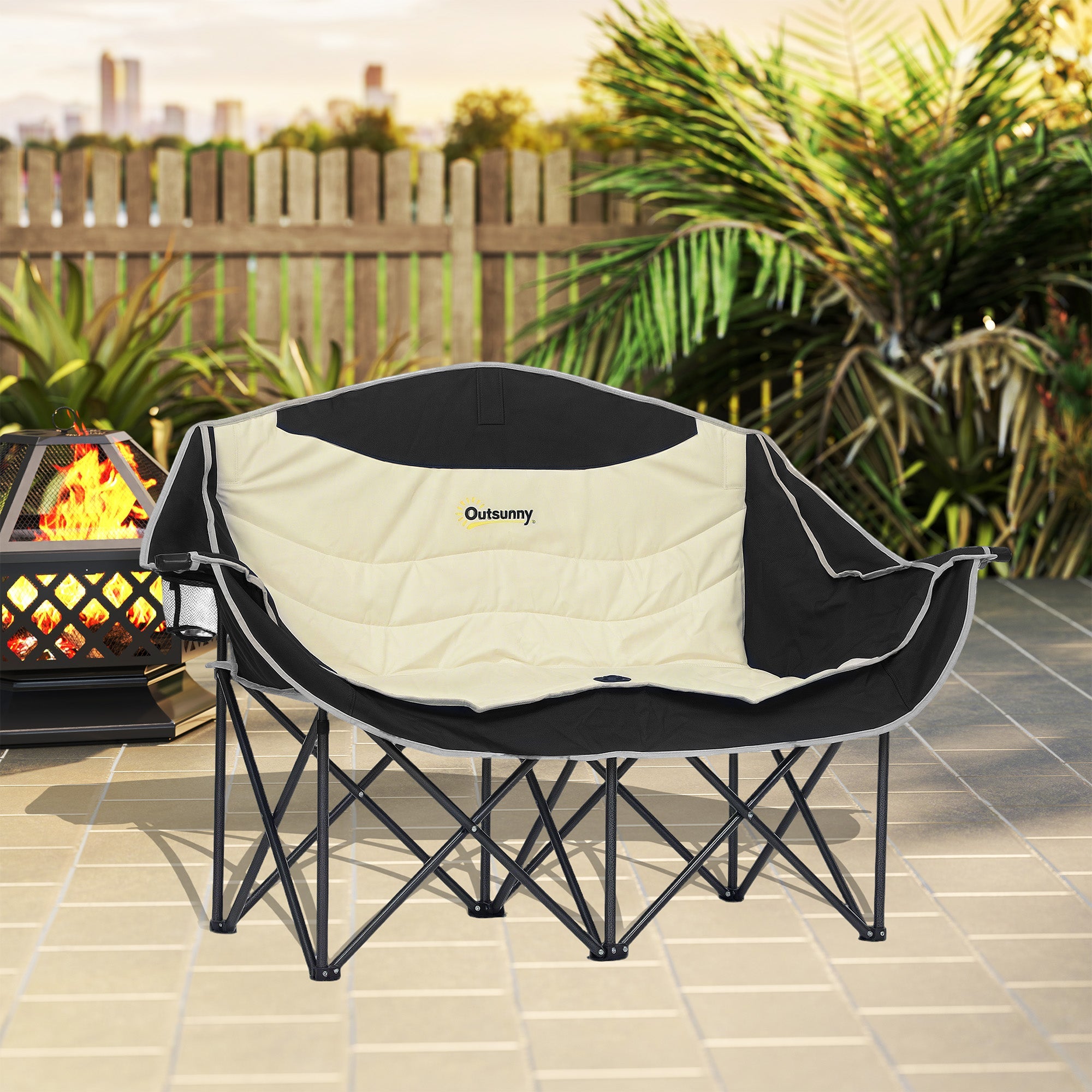 Outsunny Double Camping Chair for Adults, Oversized Heavy Duty Padded Folding Chair with Armrests, Cup Holders and Carry Bag for Outdoor Camping Hiking Picnic Fishing, 250kg Capacity, Khaki 