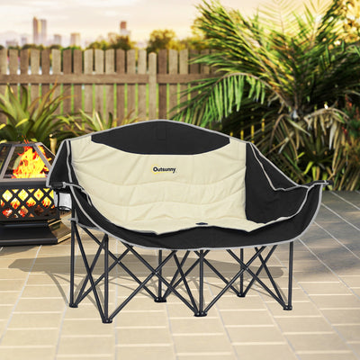Outsunny Double Camping Chair for Adults, Oversized Heavy Duty Padded Folding Chair with Armrests, Cup Holders and Carry Bag for Outdoor Camping Hiking Picnic Fishing, 250kg Capacity, Khaki 