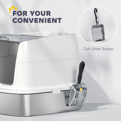 PawHut Large Stainless Steel Litter Box, Enclosed Metal Cat Litter Tray with Scoop, Deodoriser Bag, Front-Entry and Top-Exit 