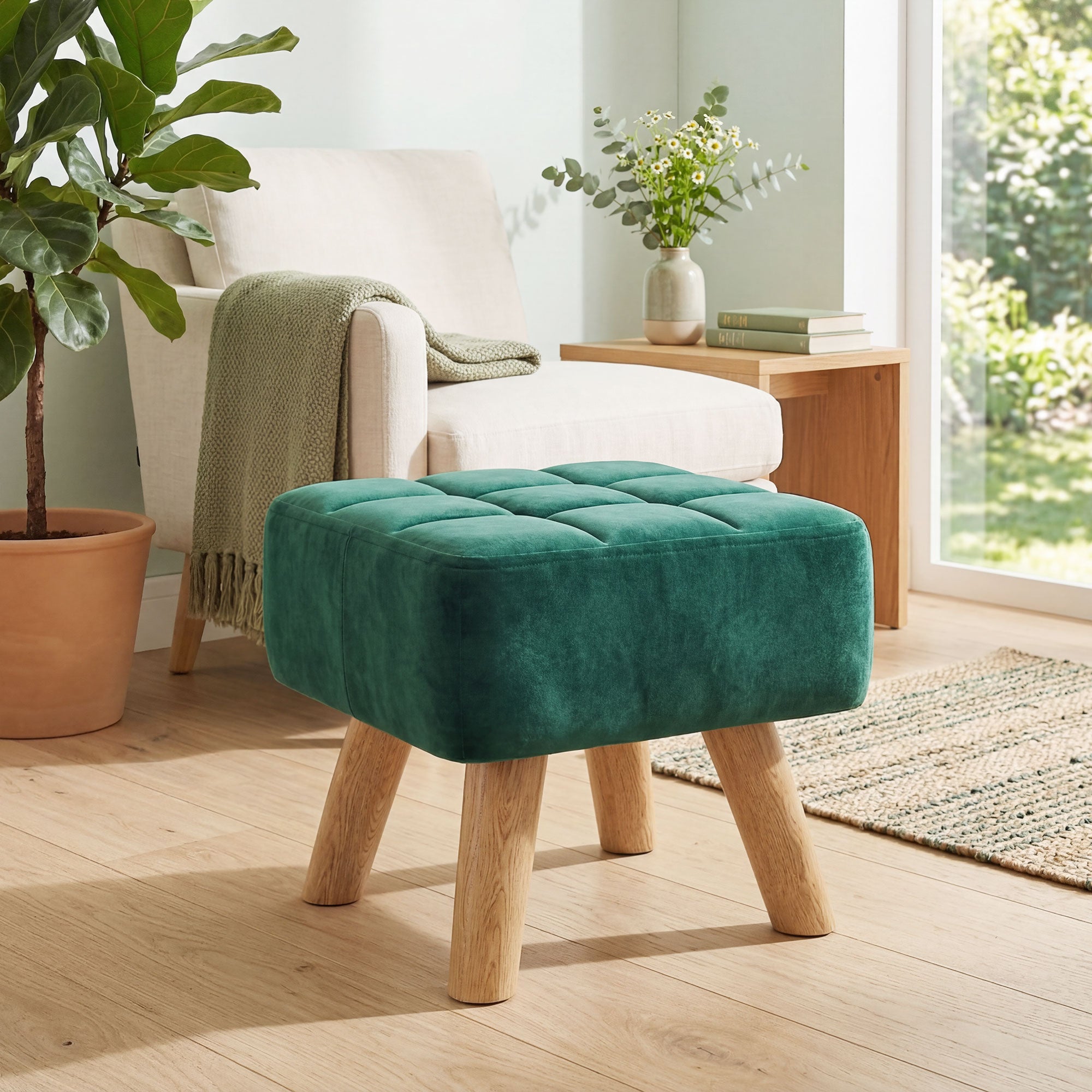 HOMCOM Velvet Square Padded Footstool - Dark Green 