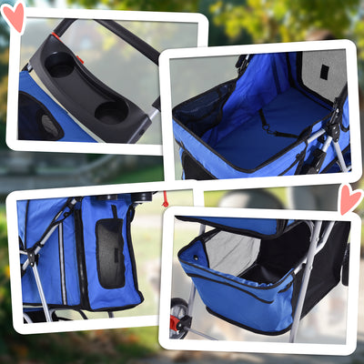 PawHut Pet Stroller for Small Miniature Dogs Cats Foldable Travel Carriage with Wheels Zipper Entry Cup Holder Storage Basket Blue 