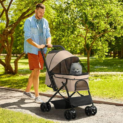 PawHut Pet Stroller Pushchair Foldable Travel Dog Cat Carriage w/ Reversible Handle Brake Basket 
