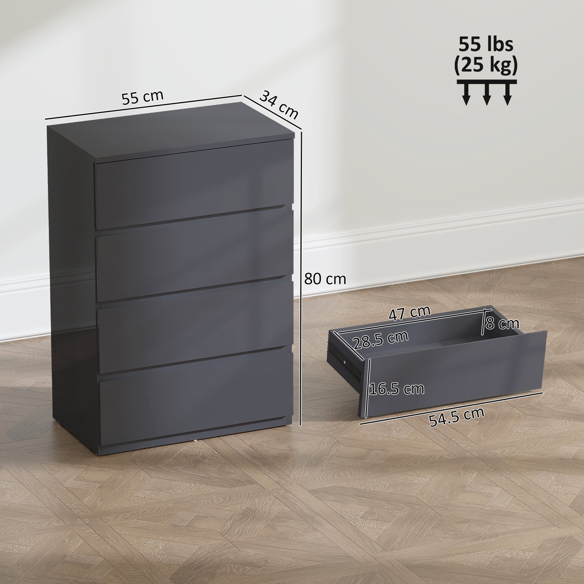 HOMCOM High Gloss Chest of Drawers, 4-Drawer Storage Cabinets, Modern Dresser for Bedroom, Grey 
