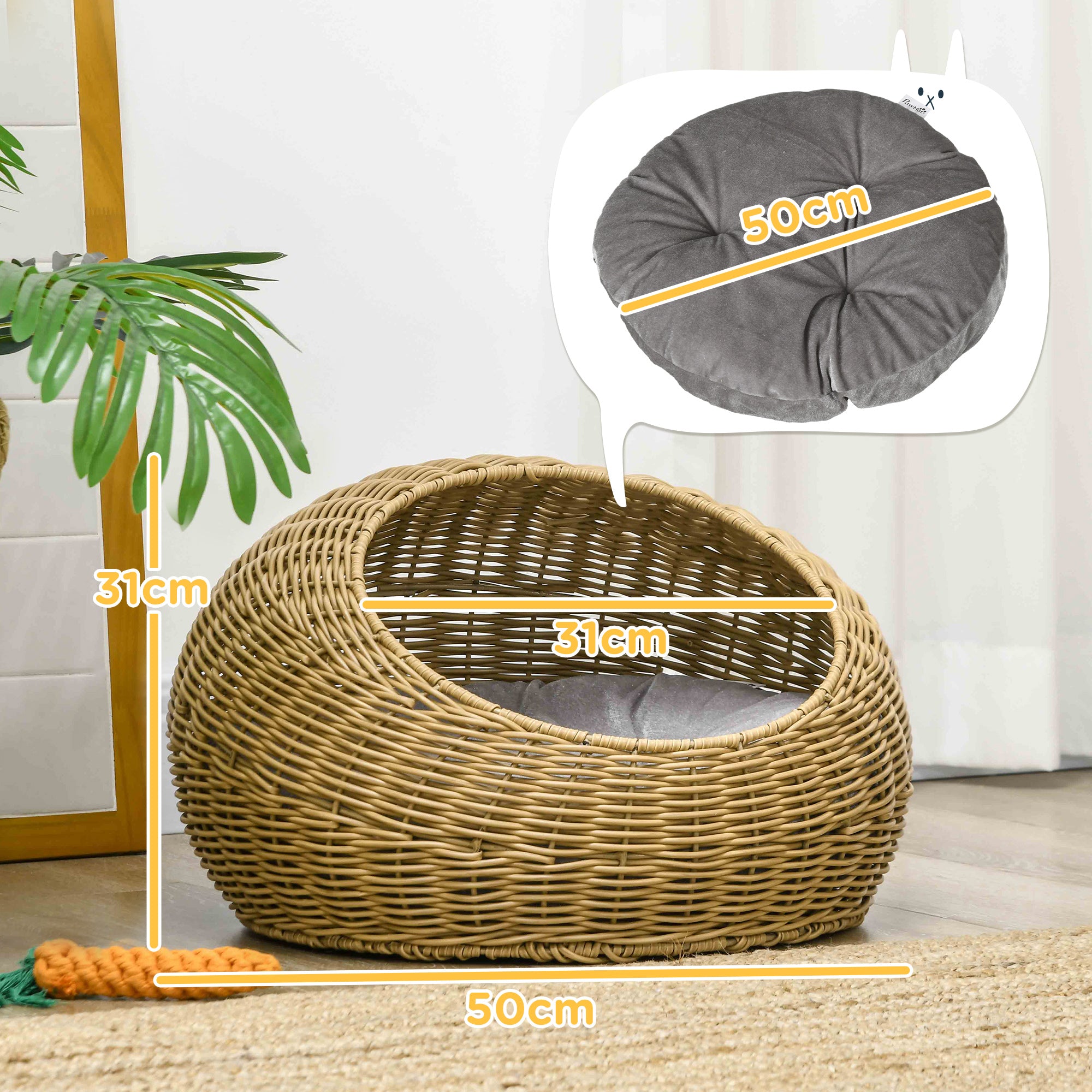 PawHut Wicker Cat House with Washable Cushion for Indoor Cats, Light Brown 