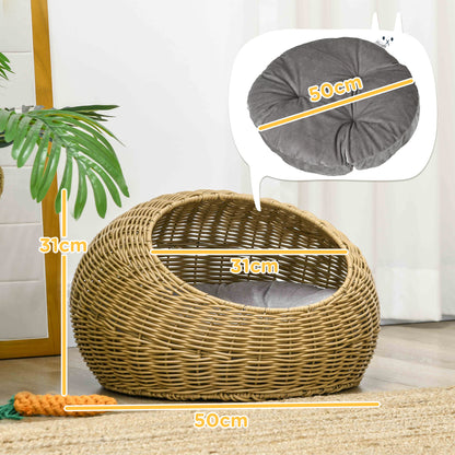PawHut Wicker Cat House with Washable Cushion for Indoor Cats, Light Brown 