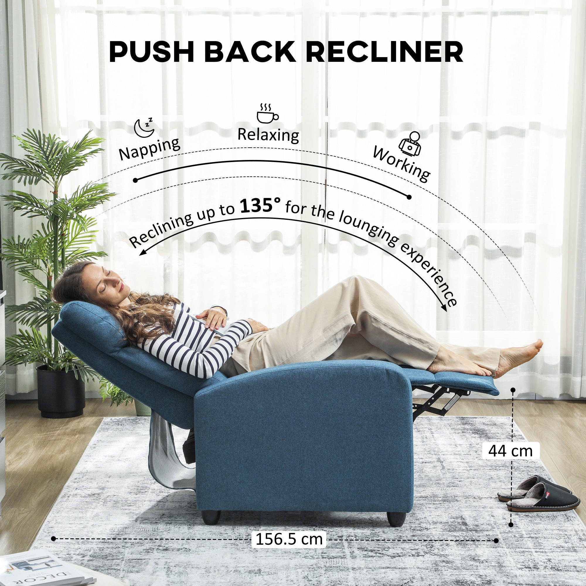 HOMCOM 135° Push Back Recliner Armchair, with Footrest - Blue