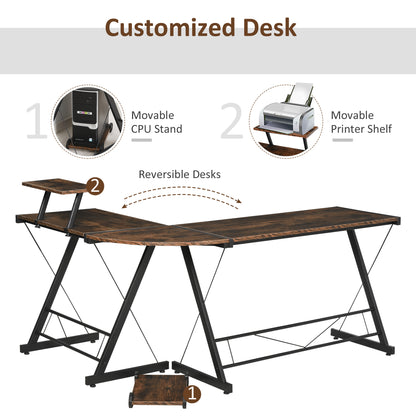 HOMCOM L Shaped Corner Desk, Gaming Desk, Computer Table with Monitor Stand and CPU Stand, Study Workstation for Home Office, 155 x 115 x 91.5cm, Rustic Brown and Black 