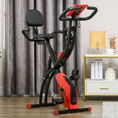 HOMCOM 2-in-1 Folding Exercise Bike with 8-Level Magnetic Resistance, Arm Resistance Band, Pulse Sensor, Red 