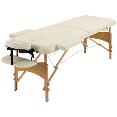 HOMCOM Portable Massage Bed, Folding Spa Beauty Massage Table with 2 Sections, Carry Bag and Wooden Frame, Cream 