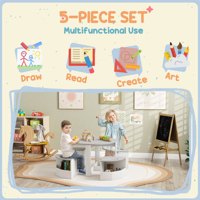 AIYAPLAY 5-Piece Kids Table and Chairs Set with Storage for Toddler 3-8 Years Old, Grey 