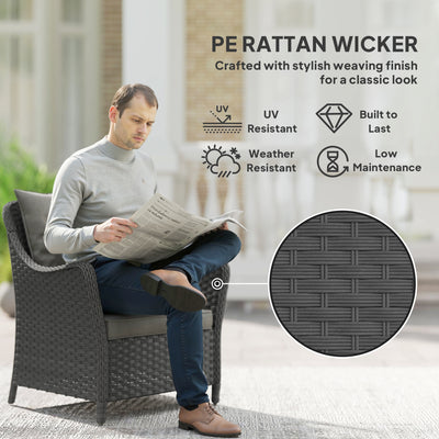Outsunny Rattan Garden Chairs Set of 2, Outdoor Rattan Chairs with Cushions, Armrests and High Back, PE Wicker Garden Armchair with Steel Frame for Balcony, Porch, Dark Grey 