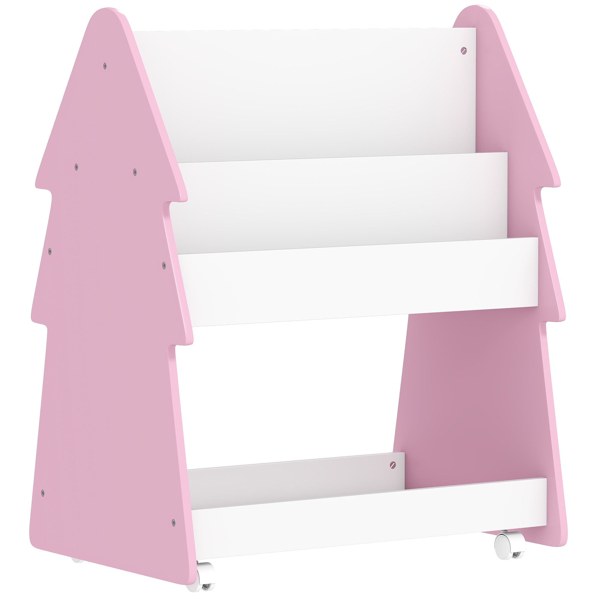AIYAPLAY Kids Bookshelf with Toy Storage, Double-Sided Bookcase with Wheels, 3 Tier Kids Book Rack for Bedroom, Pink 