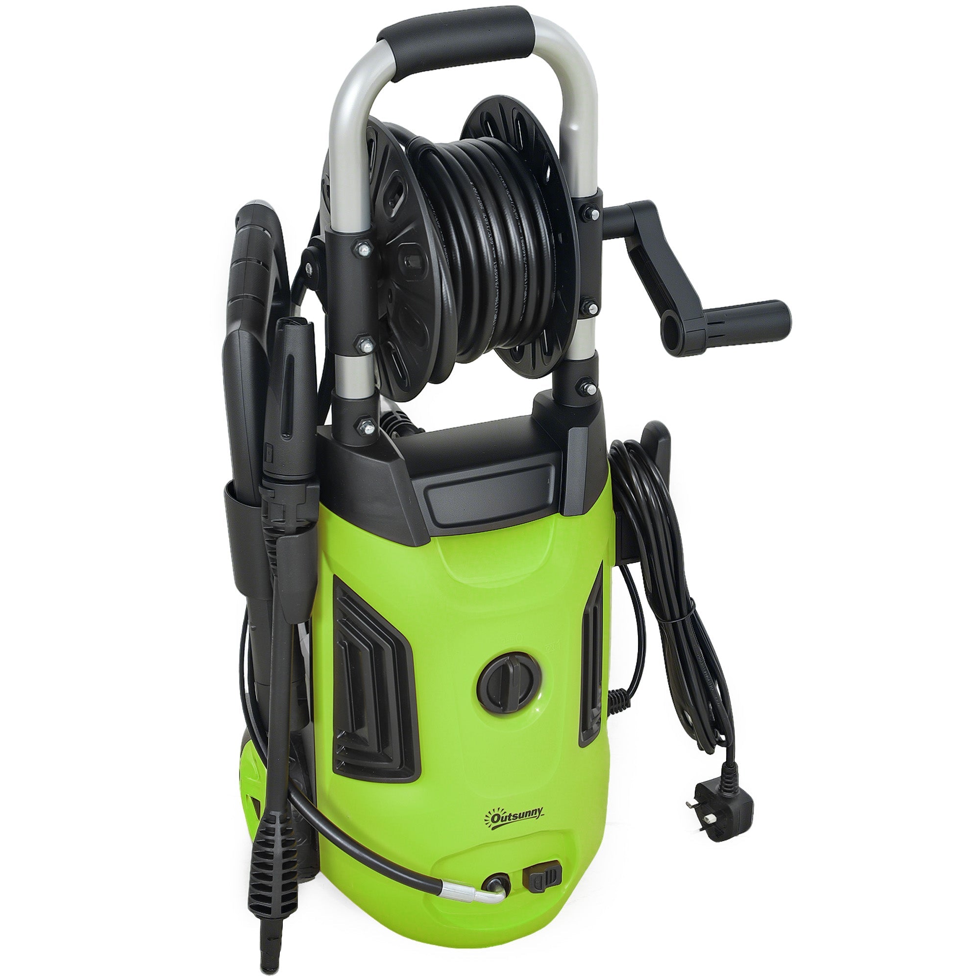 Outsunny 1800W High Pressure Washer, 150 Bar Pressure, 420 L/h Flow, Portable Power Washer Jet Wash Cleaner with Adjustable Nozzle, 6M Hose, Hose Reel, Steel Handle for Home Patio Car Driveway, Green 