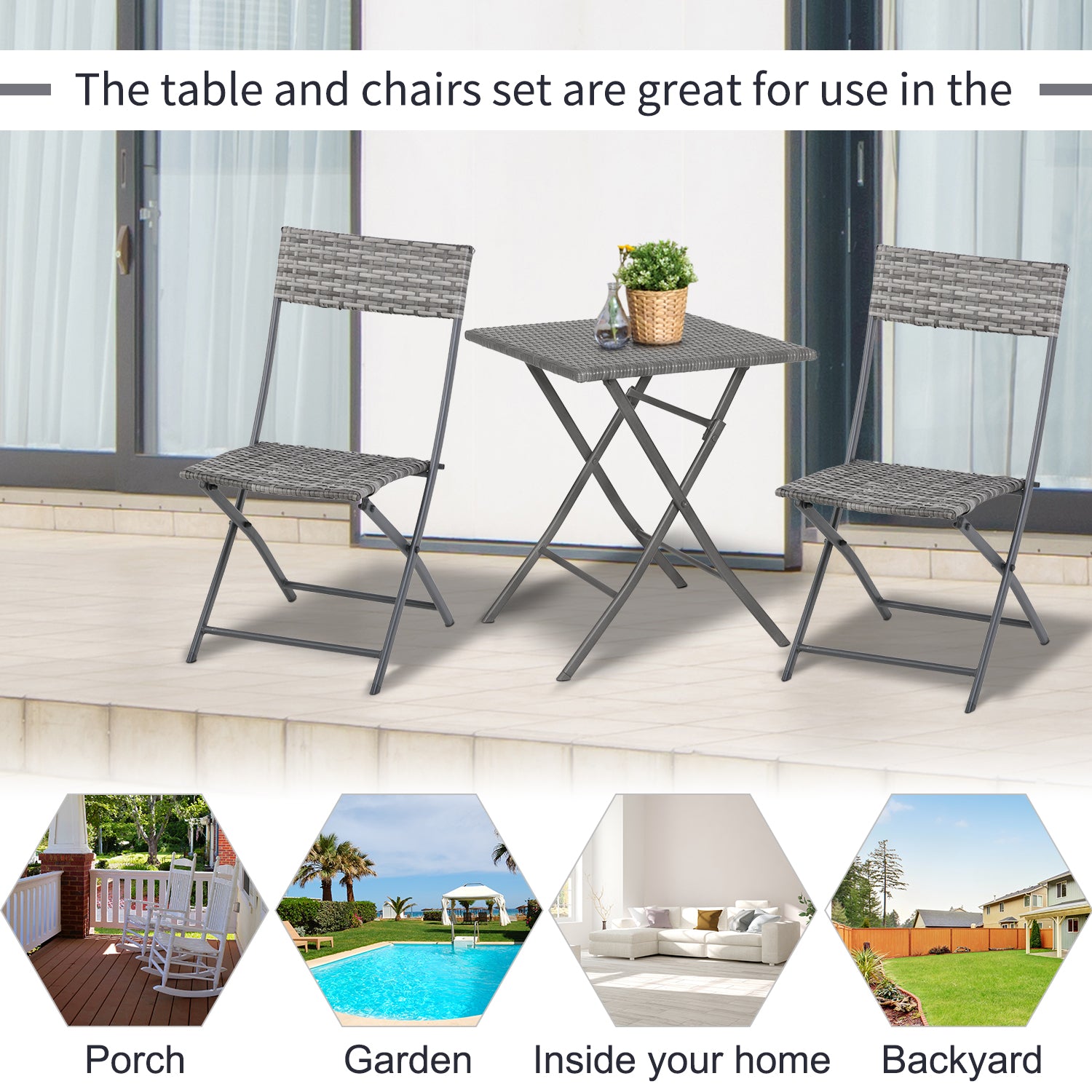 Outsunny 2-Seater Chair Bistro Set Garden Patio Table & Chair Black Rattan Furniture Grey 