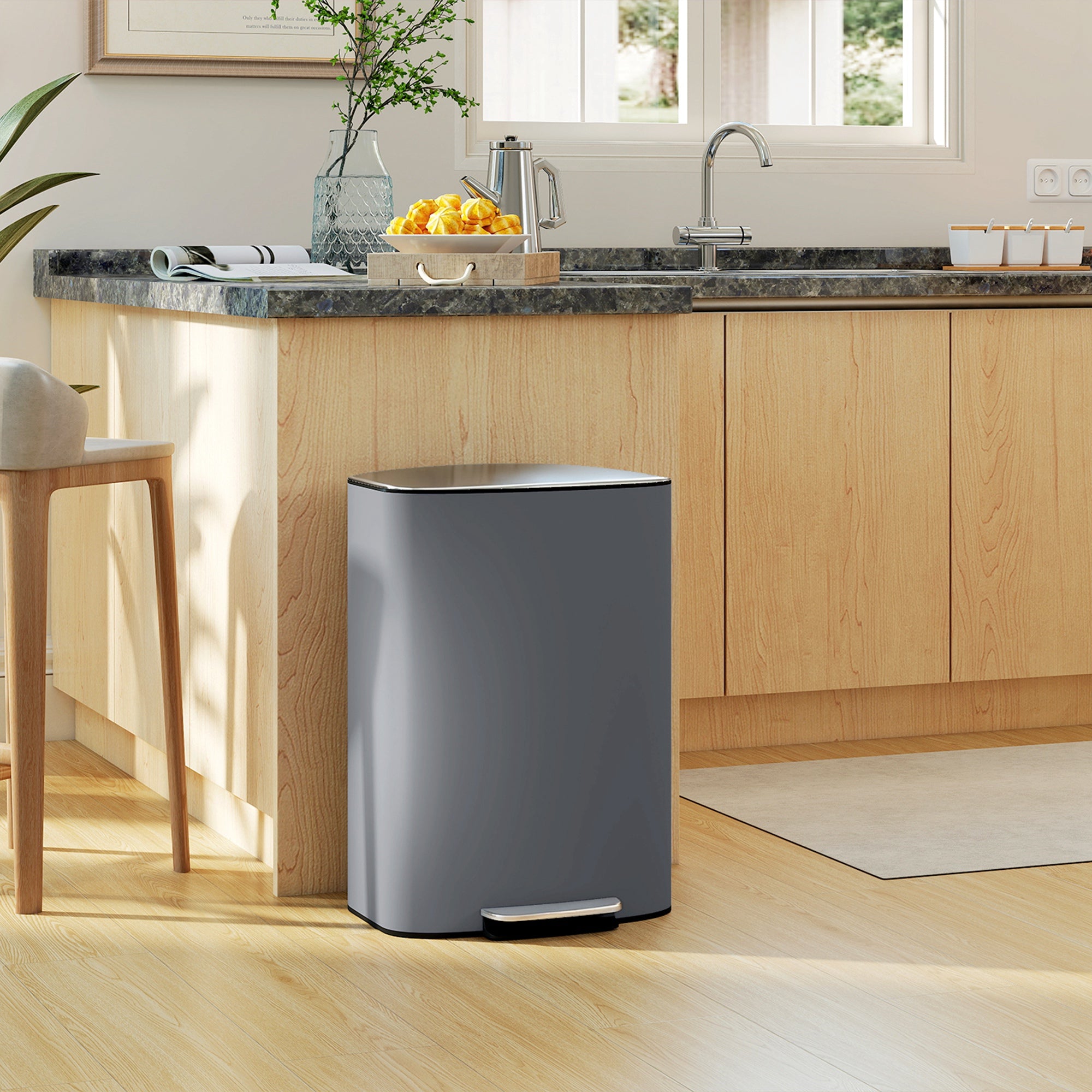 HOMCOM 50L Kitchen Bin with Soft-Close Lid and Stay-Open Function, Stainless Steel Pedal Bin with Removable Inner Bucket, Carry Handle for Kitchen, Office, Home, Grey 