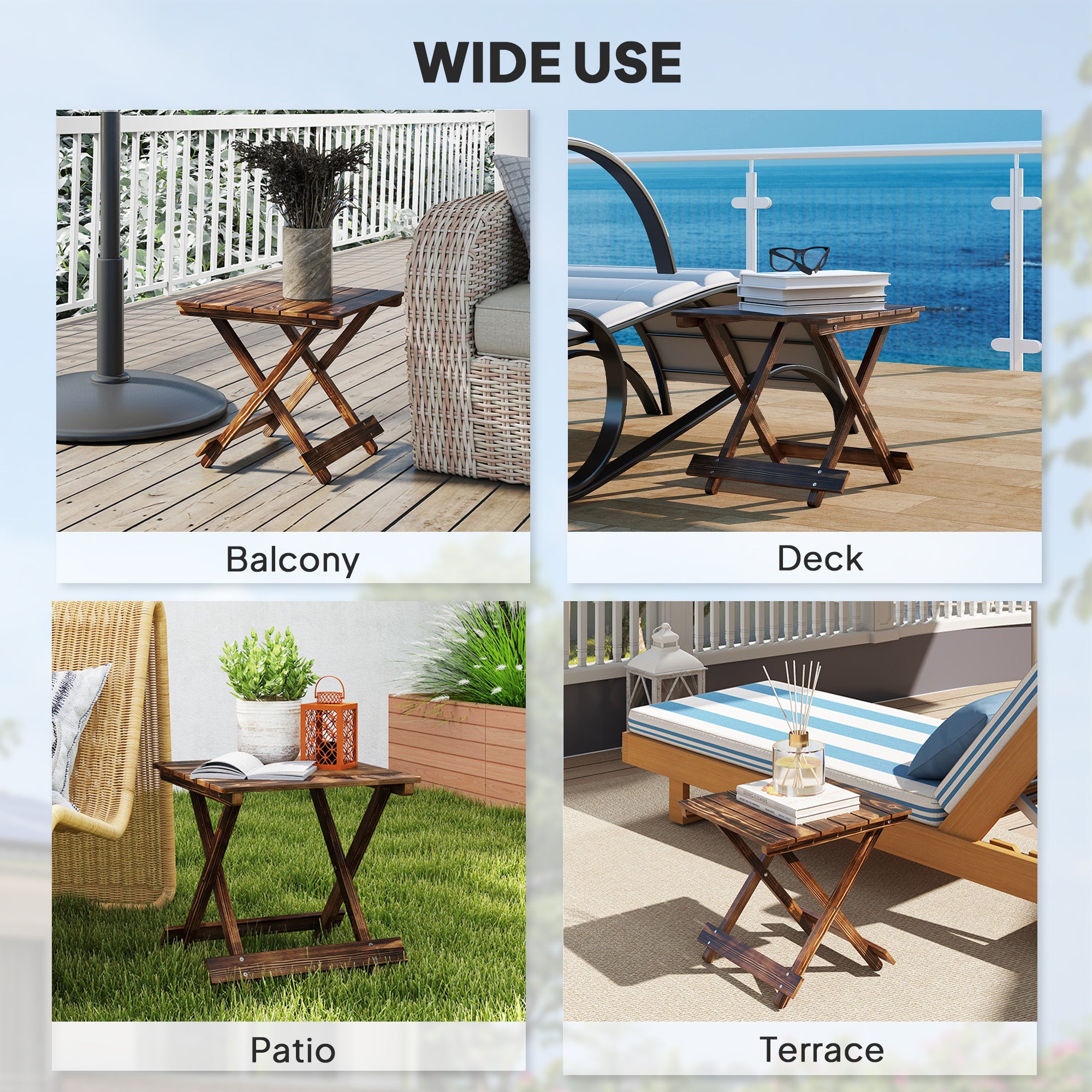Outsunny Fir Wood Folding Coffee Table, Lightweight Small Garden Table with Slatted Top, Portable Folding Side Table for Balcony 