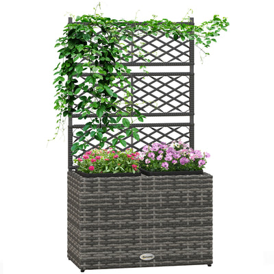 Outsunny 22L Garden PE Rattan Planter with Trellis, Free Standing Flower Raised Bed with Two Plant Boxes for Garden, Garden Planter for Climbing Plants, 57cm x 30cm x 107cm, Mixed Grey 