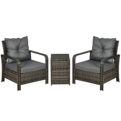 Outsunny 3 Pieces Rattan Bistro Set, Wicker Garden Furniture Set with Storage  Coffee Table and Chairs, Thickened Cushions for Outdoor, Patio, Balcony, Grey 