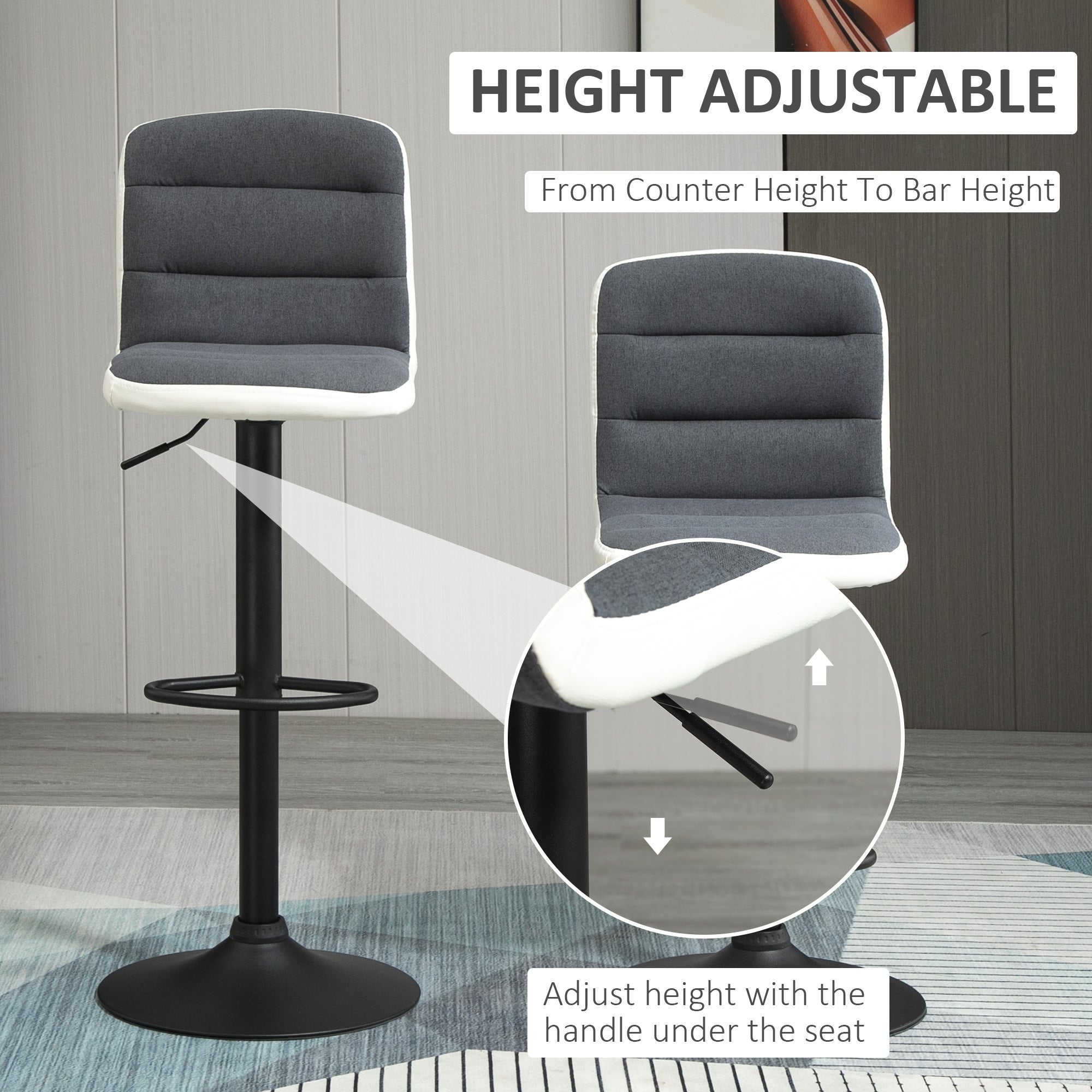 HOMCOM Bar Stools Set of 2, Height Adjustable Bar Chairs in Fabric and Faux Leather, 360° Swivel Kitchen Stool with Backrest and Footrest, Dark Grey 