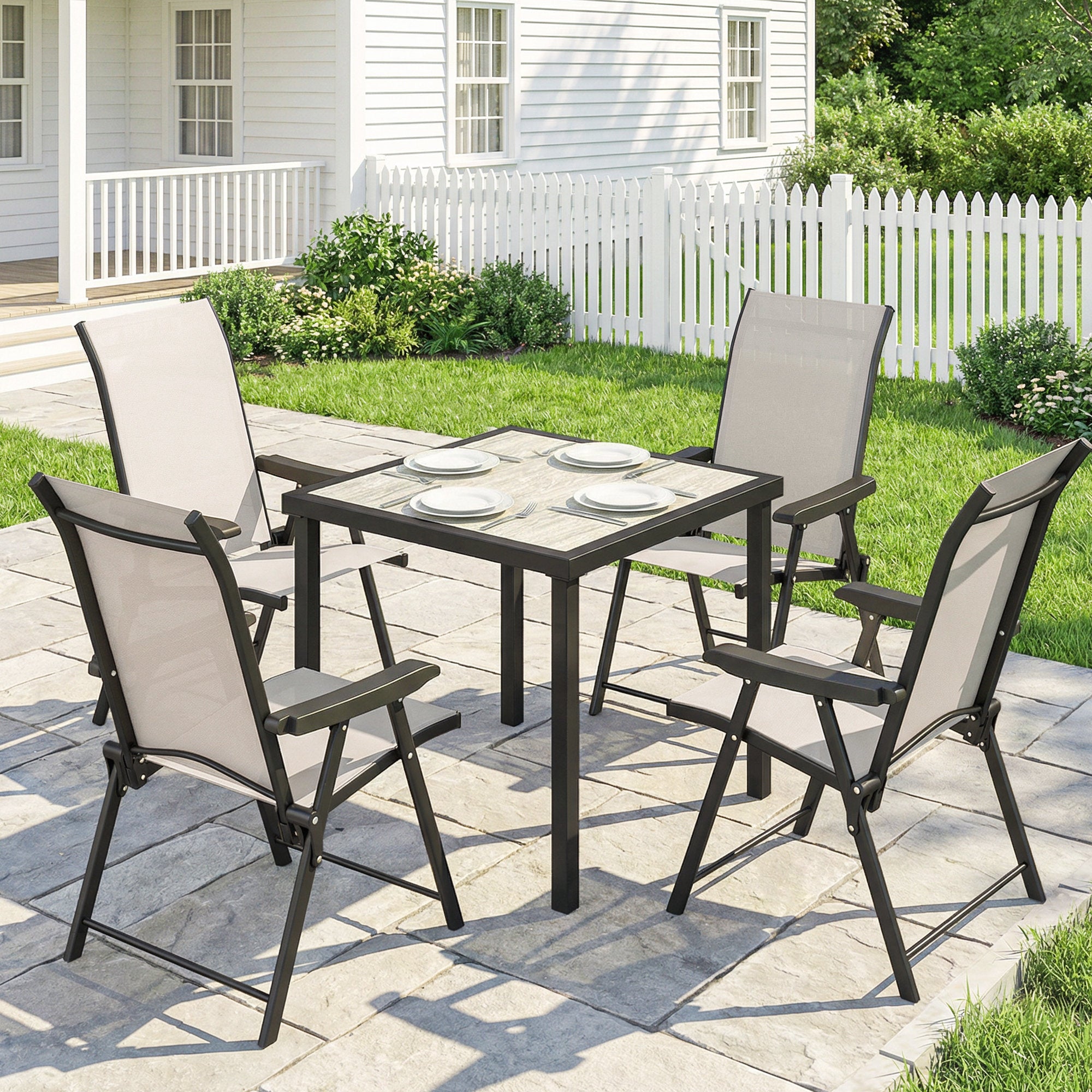 Outsunny 5 Pieces Outdoor Dining Set, Garden Dining Set for 4 with Square Table and Folding Chairs, Brown 