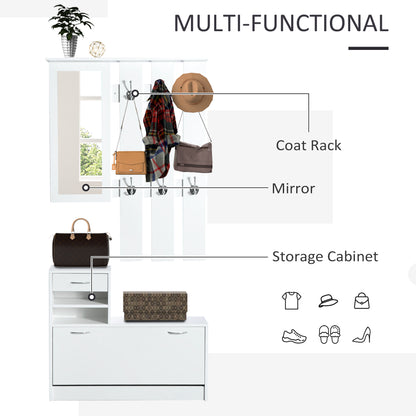 HOMCOM 2PC Shoes Storage Chest Cloths Rack Unit w/Mirror Multiple Shelves Large Storage Capacity Shoes Cabinet 6 Hooks Cloth Rack White 