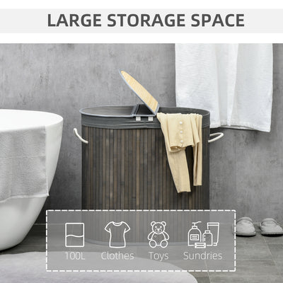 HOMCOM Bamboo Laundry Basket with Lid, 100 Litres Laundry Hamper with 2 Sections, Removable Washable Lining, Washing Baskets, 62.5 x 37 x 60.5cm, Grey 
