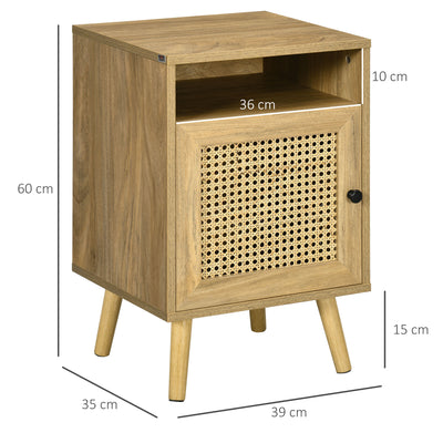 HOMCOM Bedside Table with Rattan Element, Side End Table with Shelf and Cupboard, 39cmx35cmx60cm, Set of 2, Natural 