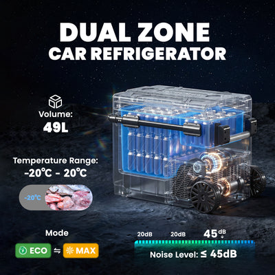Outsunny 49L Compressor Car Fridge Freezer, Dual Zone Camping Refrigerator with App Control, Telescopic Handle, -20℃-20℃ 