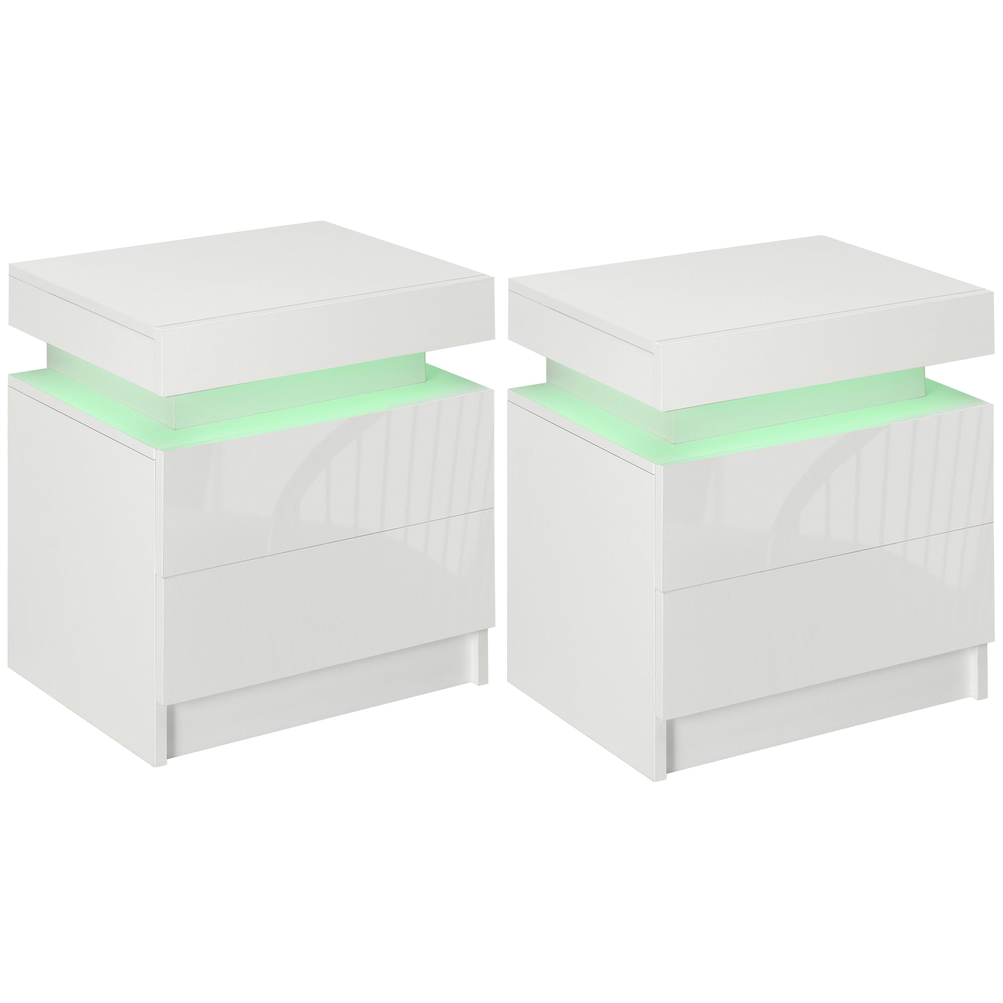 HOMCOM Set of 2 White Bedside Tables with LED Lights, High Gloss Front Nightstands with 4 Drawers 