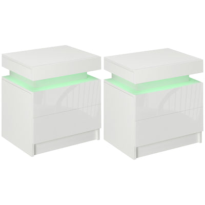 HOMCOM Set of 2 White Bedside Tables with LED Lights, High Gloss Front Nightstands with 4 Drawers 