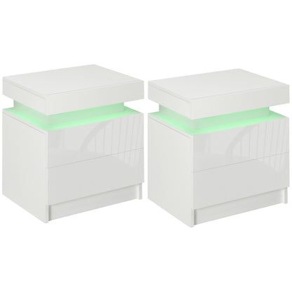 HOMCOM Set of 2 White Bedside Tables with LED Lights, High Gloss Front Nightstands with 4 Drawers 
