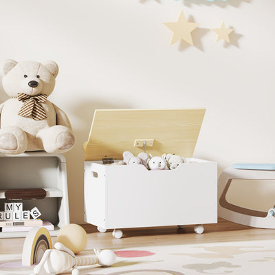 AIYAPLAY Toy Box with Lid, Toy Chest with Wheels and Safety Hinges, Toddler Storage Organiser for Playroom, Bedroom, White 