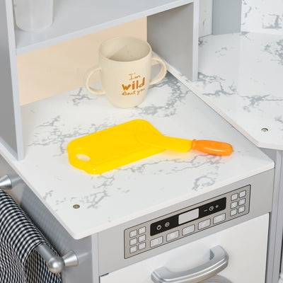 AIYAPLAY Toy Kitchen with Running Water, Lights, Sounds, Apron and Chef Hat, Water Dispenser, for Ages 3-6 Years, Grey 
