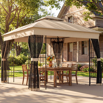 Outsunny 3 x 3 m Outdoor Garden Gazebo with Post Shelves, UPF50+ Double Roof Patio Permanent Pavilion, Brown 