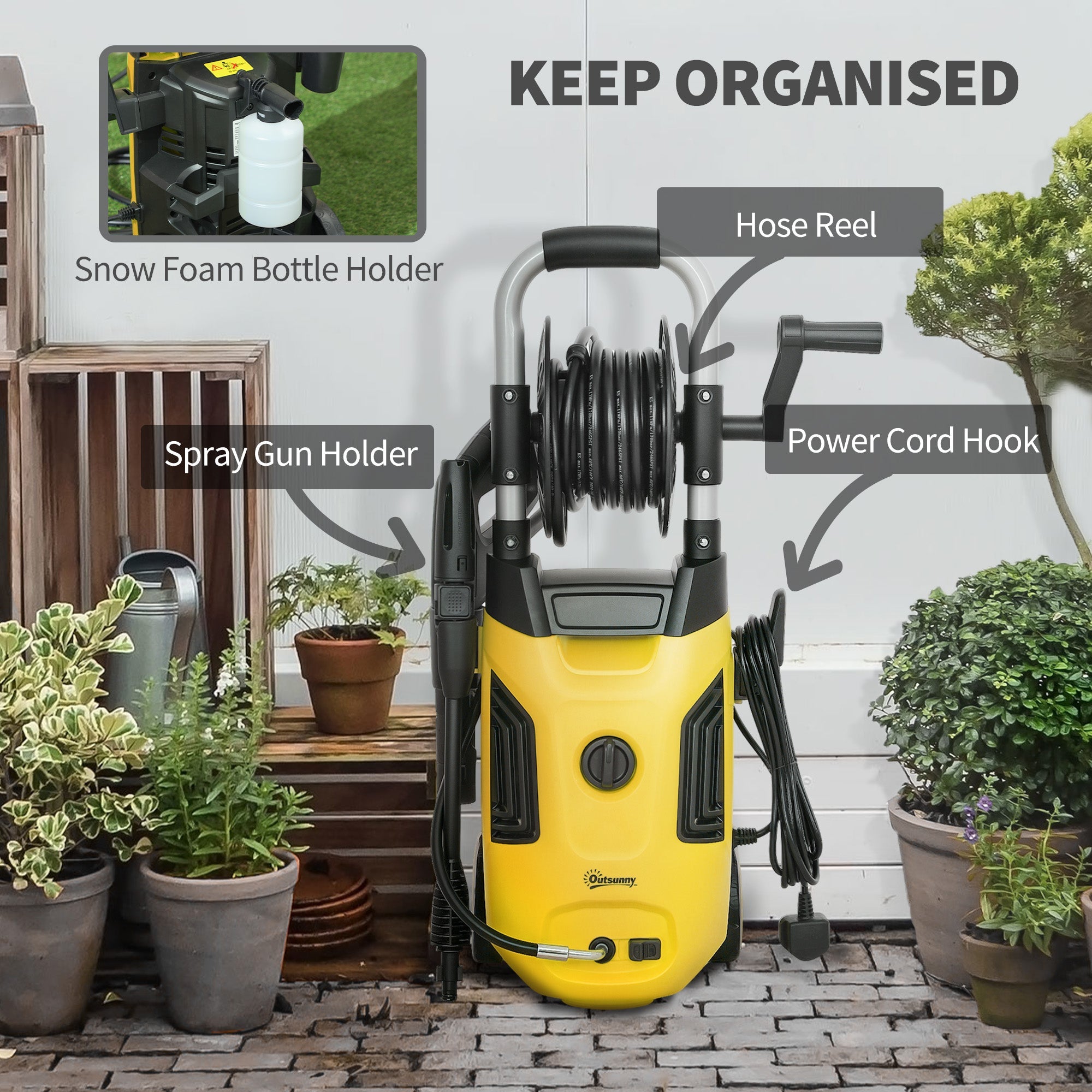 Outsunny 1800W High Pressure Washer, 150 Bar Pressure, 420 L/h Flow, Portable Power Washer Jet Wash Cleaner with Adjustable Nozzle, 6M Hose, Hose Reel, Steel Handle for Home Patio Car Driveway, Yellow 