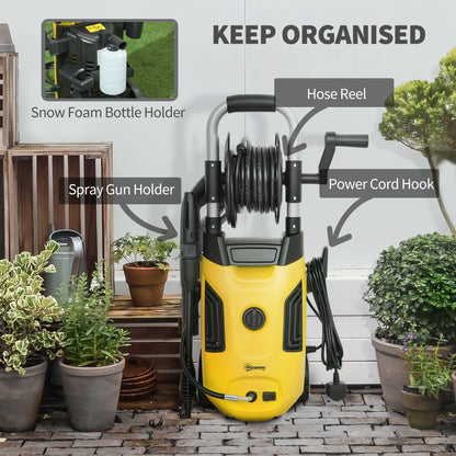Outsunny 1800W High Pressure Washer, 150 Bar Pressure, 420 L/h Flow, Portable Power Washer Jet Wash Cleaner with Adjustable Nozzle, 6M Hose, Hose Reel, Steel Handle for Home Patio Car Driveway, Yellow 