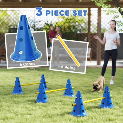 PawHut Dog Agility Equipment Set of Six Cones, Six Poles with Carry Bag, Three-Piece Adjustable Height Jumping Obstacles, Blue 