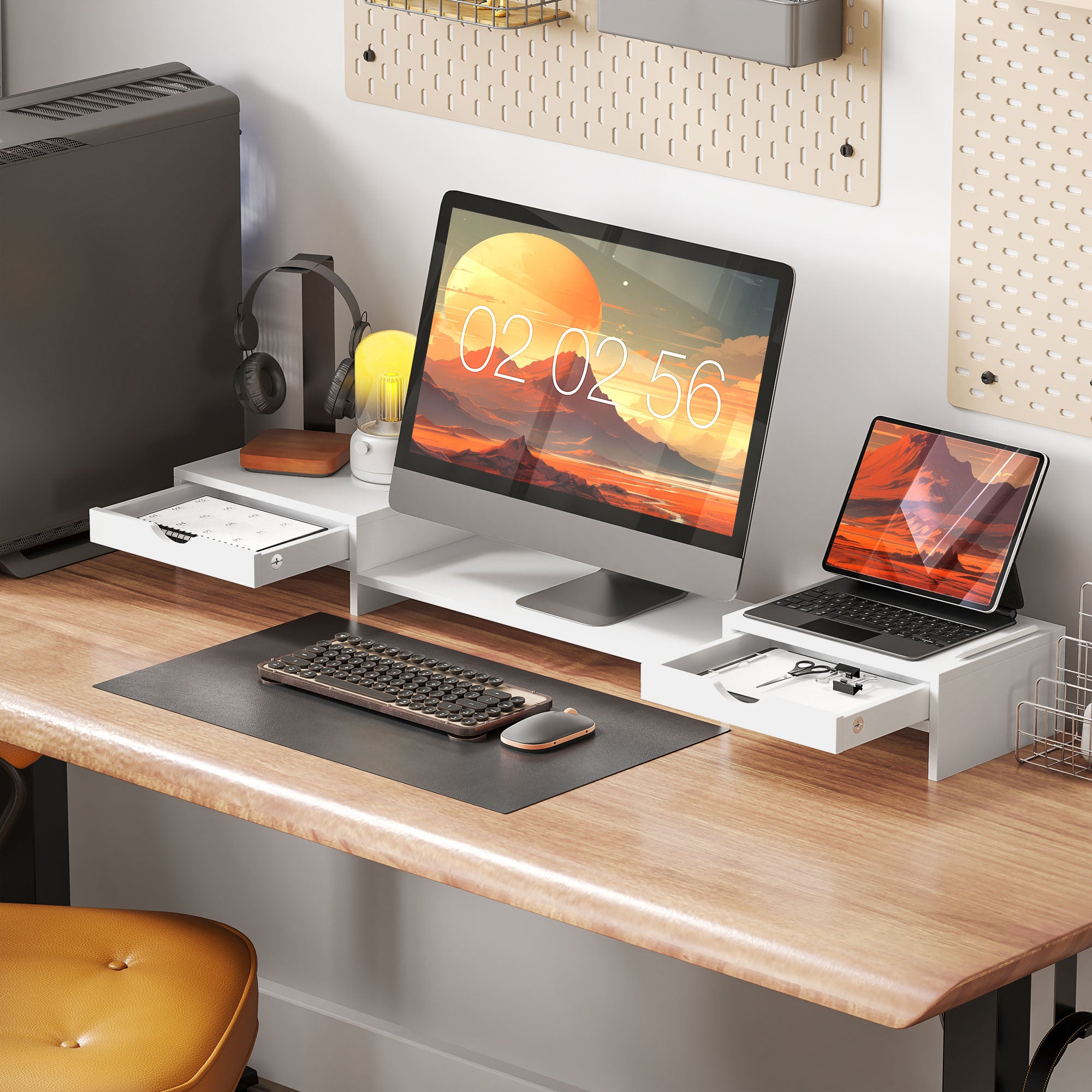 HOMCOM Dual Monitor Stand Riser with 2 Drawers, Adjustable Length and Angle, 116cm Monitor Riser for Laptop, Computer, PC, Small Printer, White 